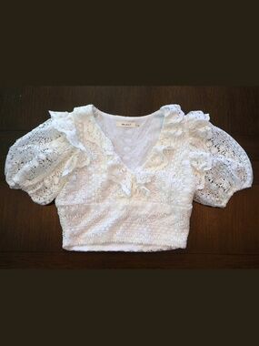 Idem Ditto White Lace Crop Top M Puff Sleeve Ruffle Romantic Cottagecore